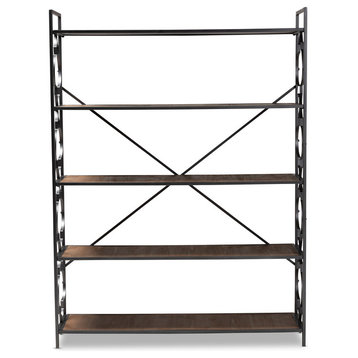 Velma Industrial Black Iron and Natural Oak 5-Shelf Quatrefoil Bookcase