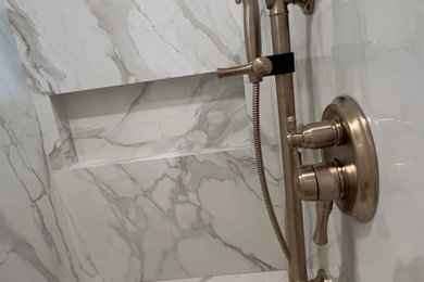 Bathroom - large victorian master white tile and porcelain tile porcelain tile, white floor, single-sink, vaulted ceiling and wall paneling bathroom idea in Sacramento with beaded inset cabinets, distressed cabinets, a bidet, beige walls, a drop-in sink, granite countertops, blue countertops and a freestanding vanity