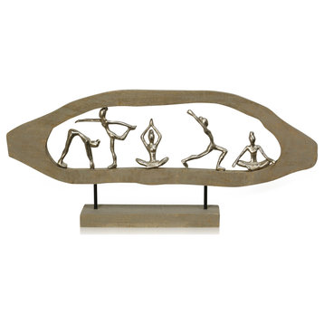 Natural Yogis Carved Wood Table Top Accessory With Pewter Painted Yoga Figurines