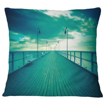Blue Seascape With Wooden Pier Bridge Throw Pillow, 16"x16"