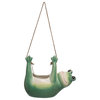 6.75 Inches Hanging Ceramic Frog Planter With Jute Rope Hanger, Green and White