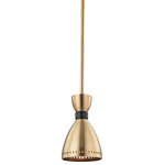 Hudson Valley Lighting - Solaris, 1-Light Pendant, Aged Brass Finish - Diamond-shaped perforations accentuate the rim of each conical shade, the implied lines of which continue like interrupted hourglasses. Stepped black bands unify the piece, as well as provide contrast on the mid-century modern shades.