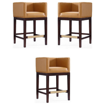 Home Square 34" Faux Leather Barstool in Camel Brown & Dark Walnut - Set of 3