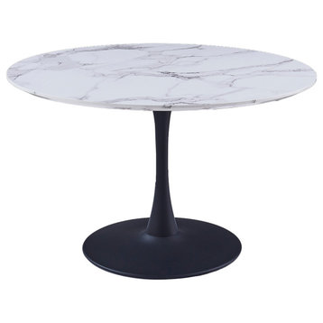 Modern MDF/Metal 48" Round Pedestal Dining Table, White Faux Marble & Black