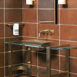 Custom Vanity with bronze sink, faucet, lighting and towel bar - Bathroom Vanities And Sink Consoles