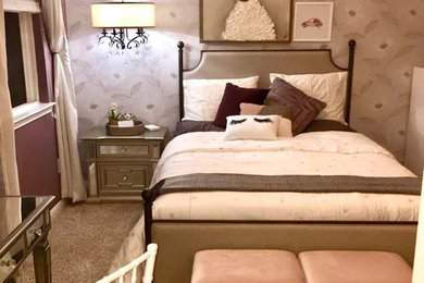 Mid-sized transitional master carpeted and brown floor bedroom photo in Dallas with purple walls and no fireplace