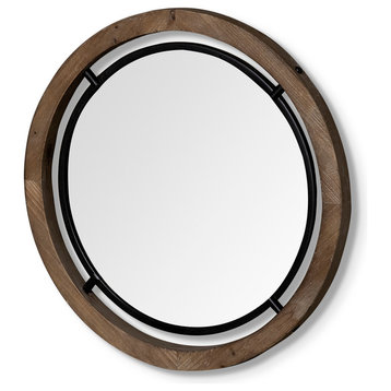 Josi Brown Solid Wood And Black Metal Frame Round Mirror, 19"