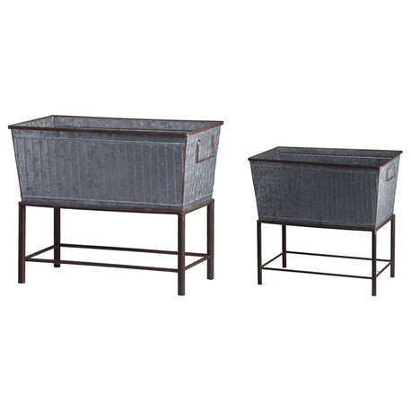 Rectangular Galvanized Metal Tub Planters On Stand Set of 2