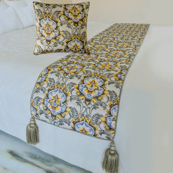 Decorative Grey Jacquard King 90"x18" Bed Runner, Quilted, Tassels- Damask Blaze