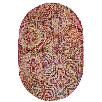 Farmhouse Area Rug, Oval Shaped Natural Jute With Multicolor Cotton, 7' X 10'