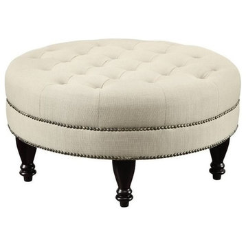 Bowery Hill Tufted Round Ottoman in Oatmeal and Dark Brown
