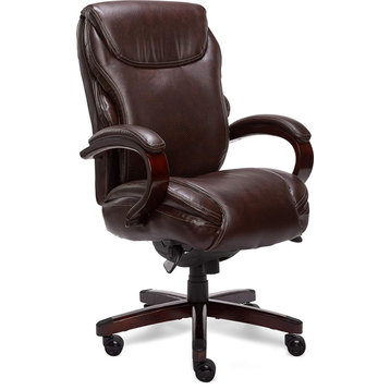 Modern Office Chair, Mahogany Wood Finished Frame & Bonded Leather Seat, Brown