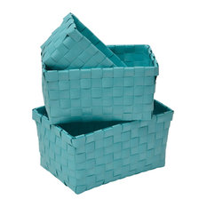 Checkered Woven Strap Storage Baskets, 3-Piece Set, Blue Turquoise