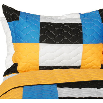 Jessie J 3PC Vermicelli-Quilted Patchwork Geometric Quilt Set Full/Queen
