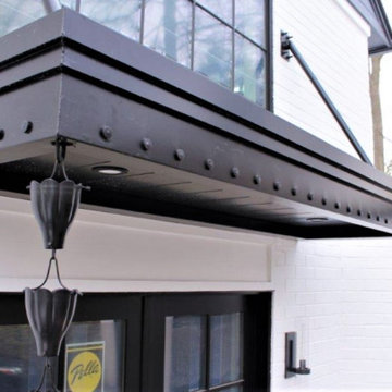 #1764 Dark Bronze Metal Awning Canopy with Lights for White Brick Home