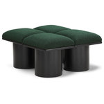 Meridian Furniture - Pavilion Black Boucle Fabric Bench, Green, Black Finish, 31" W X 36" D X 17.5" H - Bring valuable seating and remarkable style to your space with this green Pavilion Boucle Fabric Bench, an exquisite balance of style and usability for the entryway, bedroom, and beyond. Crafted from oak veneer with a black finish, this bench has a 4-inch-thick seat cushion that's channel-tufted for a touch of luxury. The bench's columnar bases add a dash of Art Deco design, making it a captivating focal point in any room.