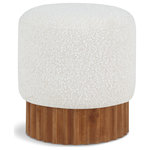 Meridian Furniture - Veranda Boucle Fabric Upholstered Ottoman/Stool, Cream, Walnut Finish - Indulge in the luxurious texture of the Veranda Boucle Fabric Ottoman/Stool. It boasts a rich cream boucle fabric that is paired with an elegant and sturdy solid wood base, featuring a walnut finish that highlights the beautiful wood grain patterns. This unique combination of materials creates a perfect blend of style and durability, making it an ideal addition to any modern or traditional interior design.