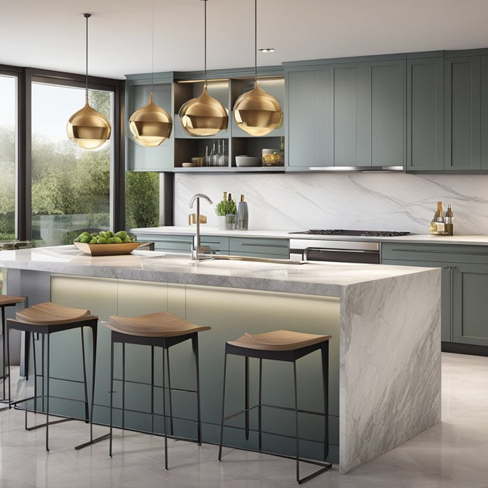A kitchen bar with chairs