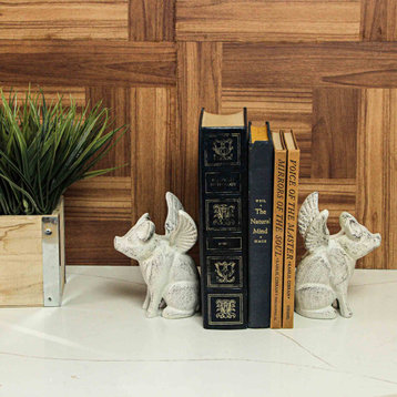 Set of 2 Cast Iron Distressed White Flying Pig Bookends Rustic Decorative Home