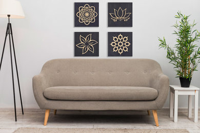Example of a small trendy ceramic tile and beige floor living room design in Chicago with gray walls, no fireplace and no tv