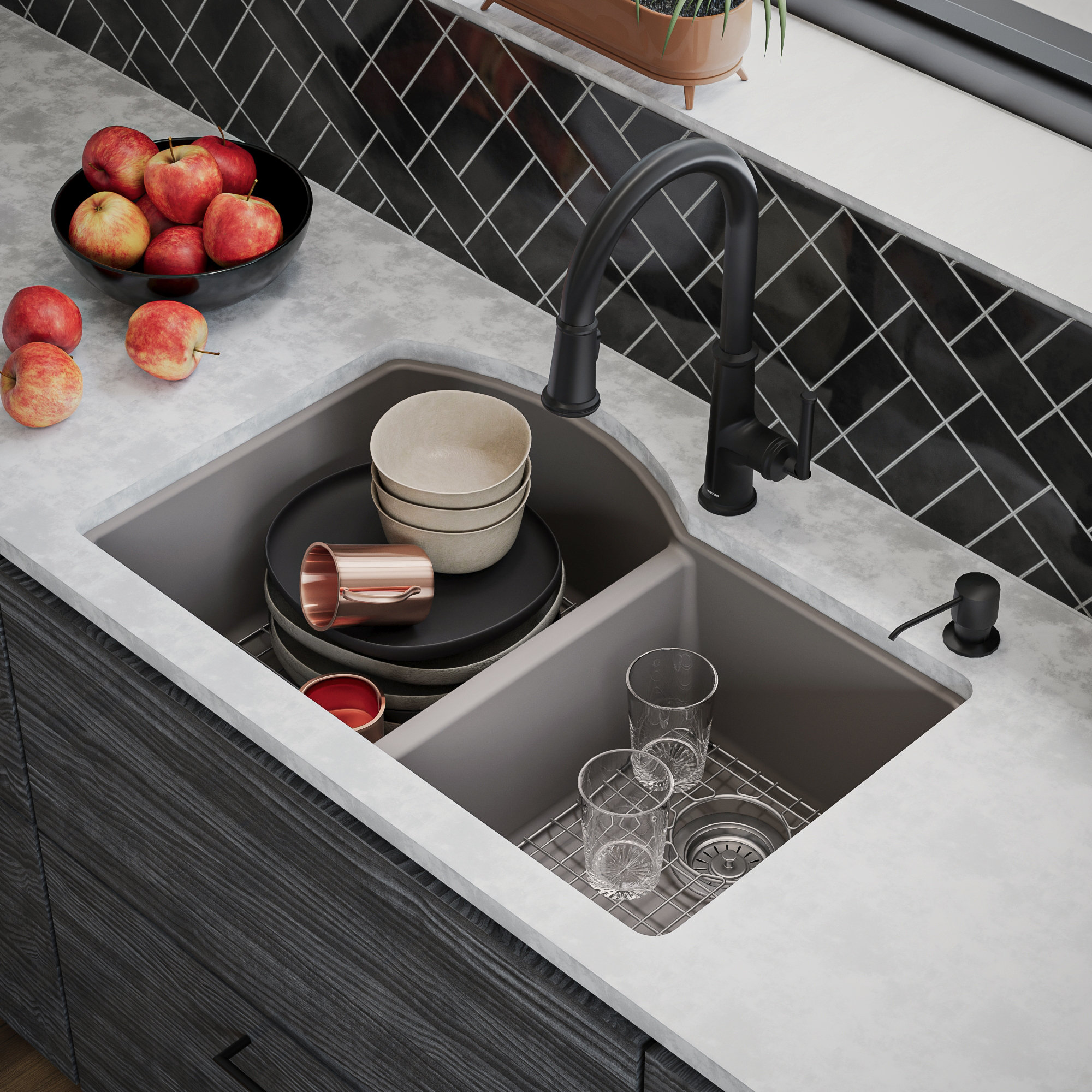 Karran Undermount Quartz 32" 60/40 Double Bowl Kitchen Sink Kit, Concrete