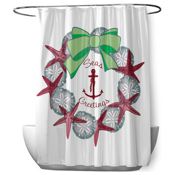 70"Wx73"L Seas and Greetings Wreath Shower Curtain, Maroon