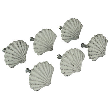 Set of 6 White Cast Iron Scallop Sea Shell Drawer Pulls Nautical Cabinet Knobs