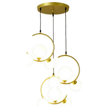 MIRODEMI® Sauze | Art Iron Chandelier with Ball-Shaped Ceiling Lights, Gold, 3 Heads - Round Base, Milky Glass, Cool Light