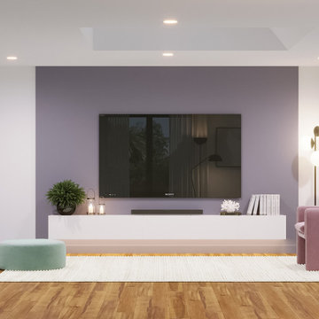 Modern Living Room And Kitchen With Purple and Mint Accents