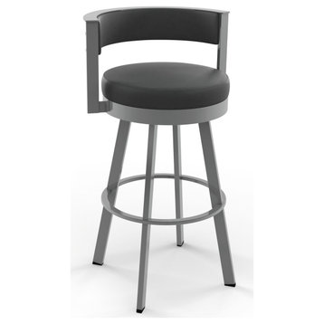 Amisco Browser Swivel Counter and Bar Stool, Charcoal Black Faux Leather / Metallic Grey Metal, Counter Height