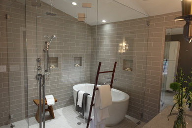 Huge minimalist master gray tile and ceramic tile porcelain tile bathroom photo in Raleigh with an undermount sink, shaker cabinets, white cabinets, marble countertops and gray walls