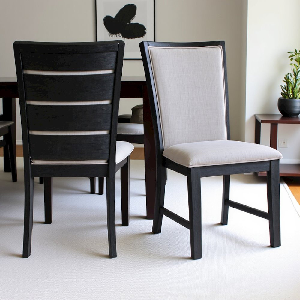 Elegant Black Slat Back Upholstered Dining Chairs, Set of Two