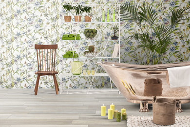 Design ideas for a contemporary bathroom in West Midlands with multi-coloured tiles, porcelain tiles, multi-coloured walls and porcelain flooring.