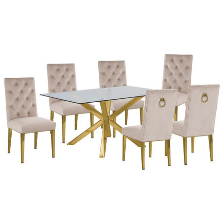 63"x 39" Rectangular Clear Glass 7pc Dining Set with Gold Stainless Steel