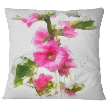 Pink Flower With Stem and Leaves Floral Throw Pillow, 18"x18"