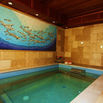 Content Indoor Swim Spa with Beautiful Tile Mural