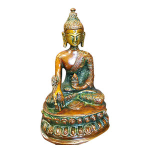 Mogul Interior - Buddhist Brass Statue Buddha Earth Touching Mudra Sculpture Religious Figurine - Decorative Objects And Figurines