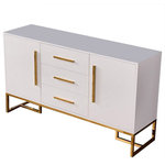 Homary - Stovf White Modern 59" Wood Sideboard with Drawers Kitchen Buffet Cabinet - Add extra storage space and unique style to your home with this buffet table. Featuring a rich golden stainless steel base, this stunning sideboard cabinet offers a stylish, contemporary touch to your living space. Striking 2 doored cabinets and 3 drawers, it offers ample space to stash serveware, silverware, and dishware, helping you keep the whole space decent and tidy without sacrificing style. It is crafted from solid and manufactured wood in a perfect rectangular form, while the tempered glass tabletop coordinates well with premium metal handles to reinforce the serving longevity. A flawless choice to update your home.