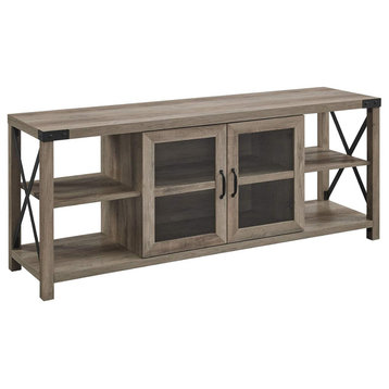 Farmhouse Industrial TV Stand, Open Shelves and Center Glass Doors, Grey