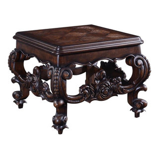 End Table Baroque Rococo Carved Wood Distressed Walnut Oak Parquet Square