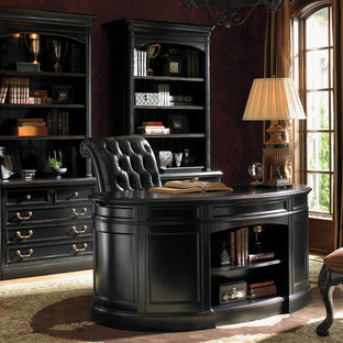 Design ideas for a mid-sized transitional study room in Indianapolis with red walls, medium hardwood floors and a freestanding desk.