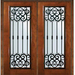 Pre-hung Entry Double Door 80 Alder Barcelona Full Lite Wrought Iron - Front Doors