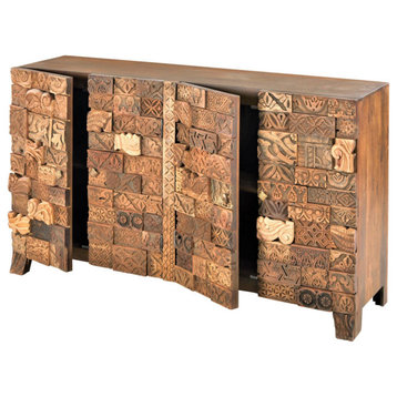 70" Rustic Farmhouse Hand Carved Stacked Wood Blocks 4 Door Sideboard