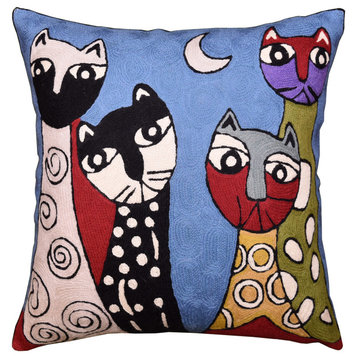 Picasso Cat Pillow Cover Blue Quadruplets Whimsical Hand Embroidered Wool 18x18"