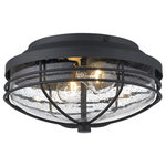 Golden Lighting - Seaport Flush Mount Sconce - Nautical-inspired, Seaport is a collection of industrial fixtures to create your seaside retreat. Offered in a textured natural black, the New England style is enhanced by protective cages and seeded glass that shield the fixture's bulbs. This outdoor fixture is wet rated and is UV-coated to protect it from fading.