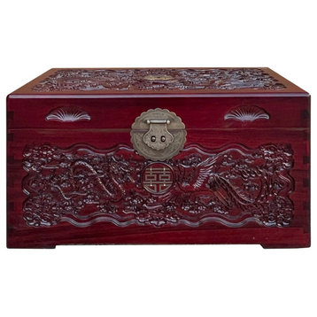 Small Oriental Burgundy Phoenix Dragon Carving Camphor Trunk Table Hcs7531