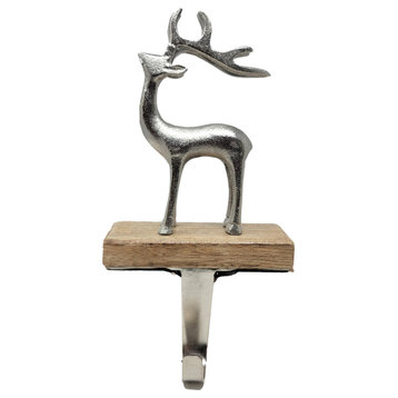 Large Silver Reindeer Stocking Holder Metal Wood 11 in Woodland Stag Christmas