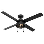 Hunter Fan Company - Spring Mill 2 Light 52" Outdoor Fan, Matte Black - The unique exposed caged design with Edison LED light bulbs on the Spring Mill outdoor ceiling fan adds the finishing touch to your modern industrial style rooms. This damp-rated ceiling fan is perfect for outdoor and indoor spaces exposed to moisture and humidity including covered patios and garages. The included ceiling fan pull chains make it easy to operate the fan and light functions.