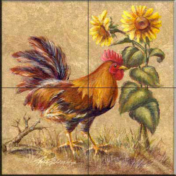 Tile Mural Kitchen Backsplash - Rooster in the Sunflowers - by Rita Broughton