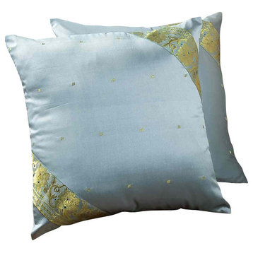 Gray- 2 Decorative handcrafted Sari Cushion Cover, Throw Pillow Case 24" X 24"